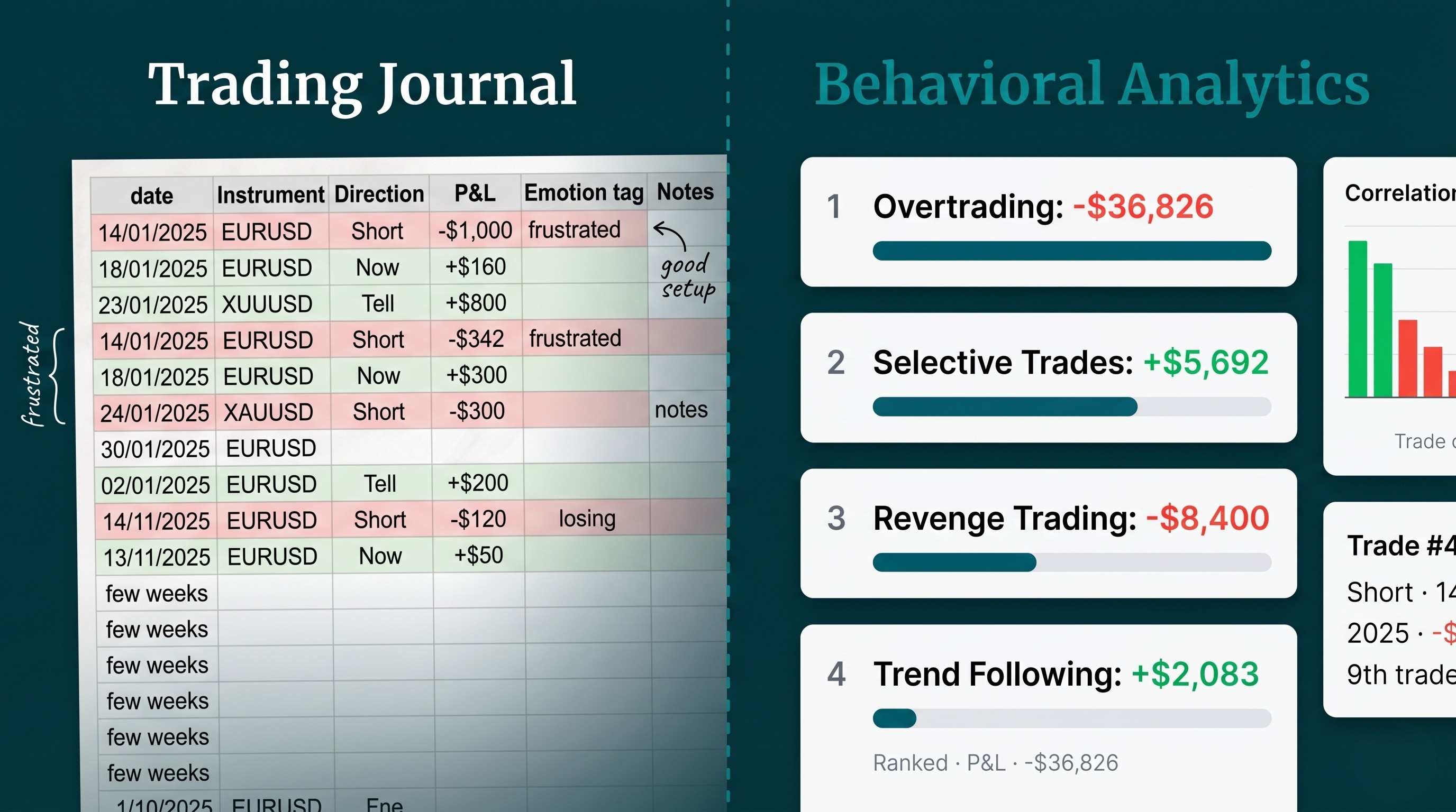 Trading journal vs behavioral analytics — what your journal captures vs what your data reveals
