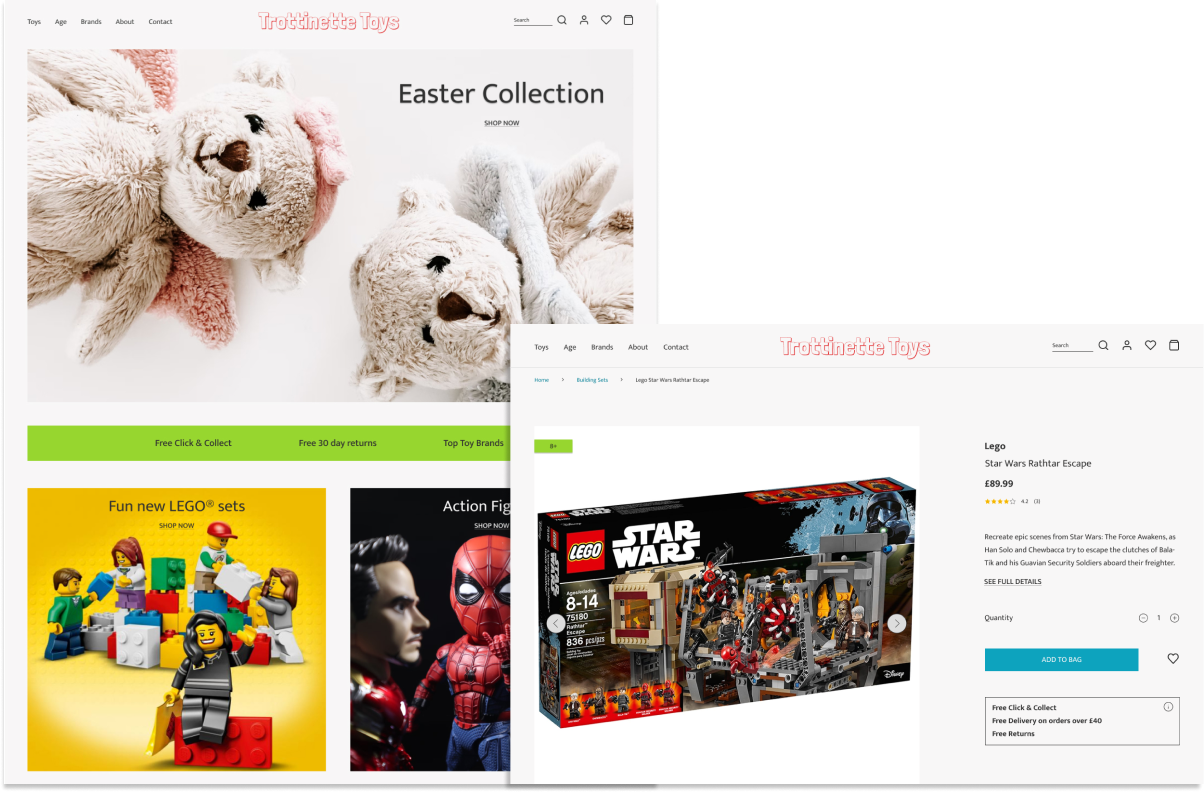 Screenshots highlighting the homepage and the product page of the e-commerce project Trottinette Toys.