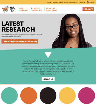 Screenshot and palette colour of the website Young Women's Trust.
