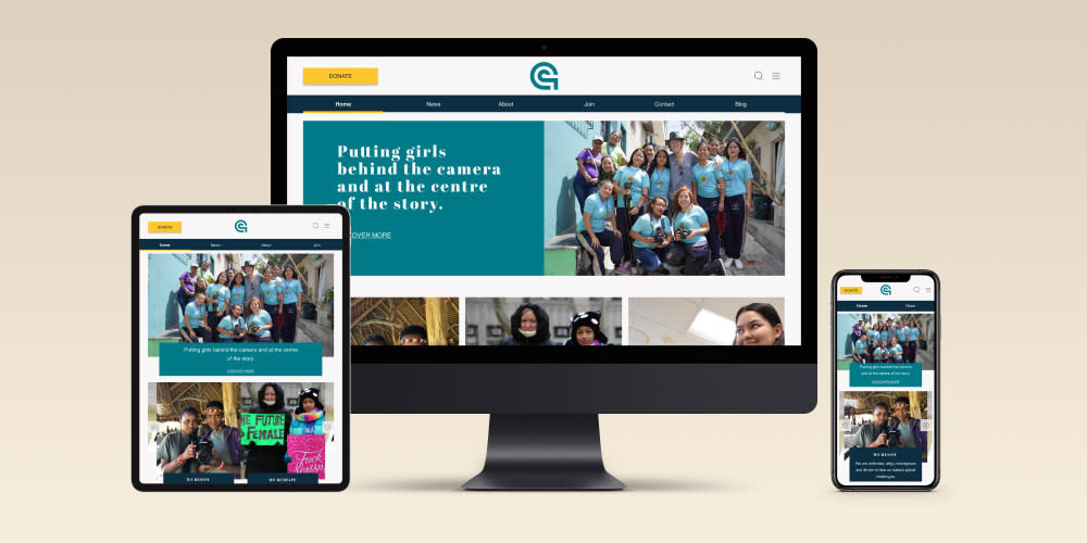 Image displaying GlobalGirl Media homepage in 3 different screens: desktop, tablet and mobile.