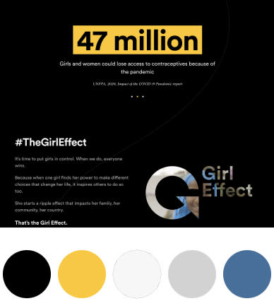 Screenshot and palette colour of the website Girl Effect.