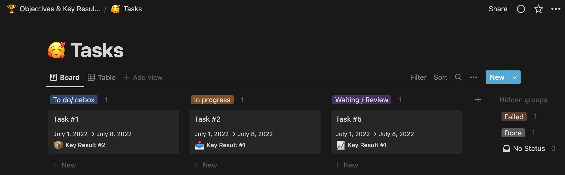 image of tasks in Notion OKR Template
