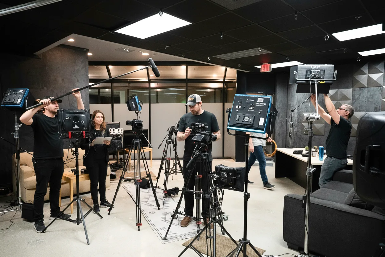 Inside the Beverly Hills Content Studio — production crew on set with cameras, lights, and audio gear