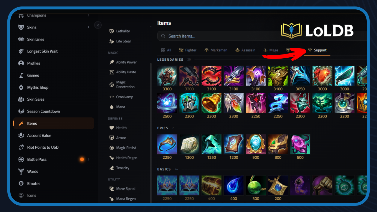Explore All Support Items on LoLDB