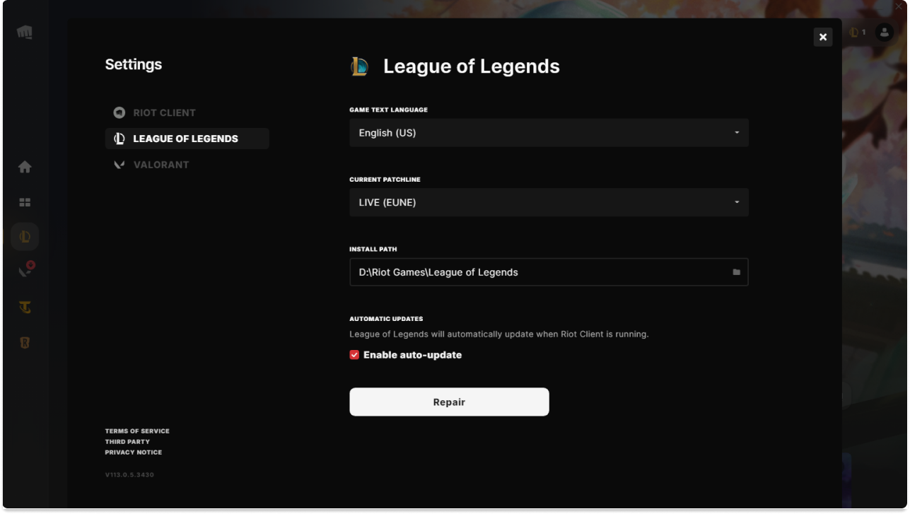 a picture of league of legends riot client settings