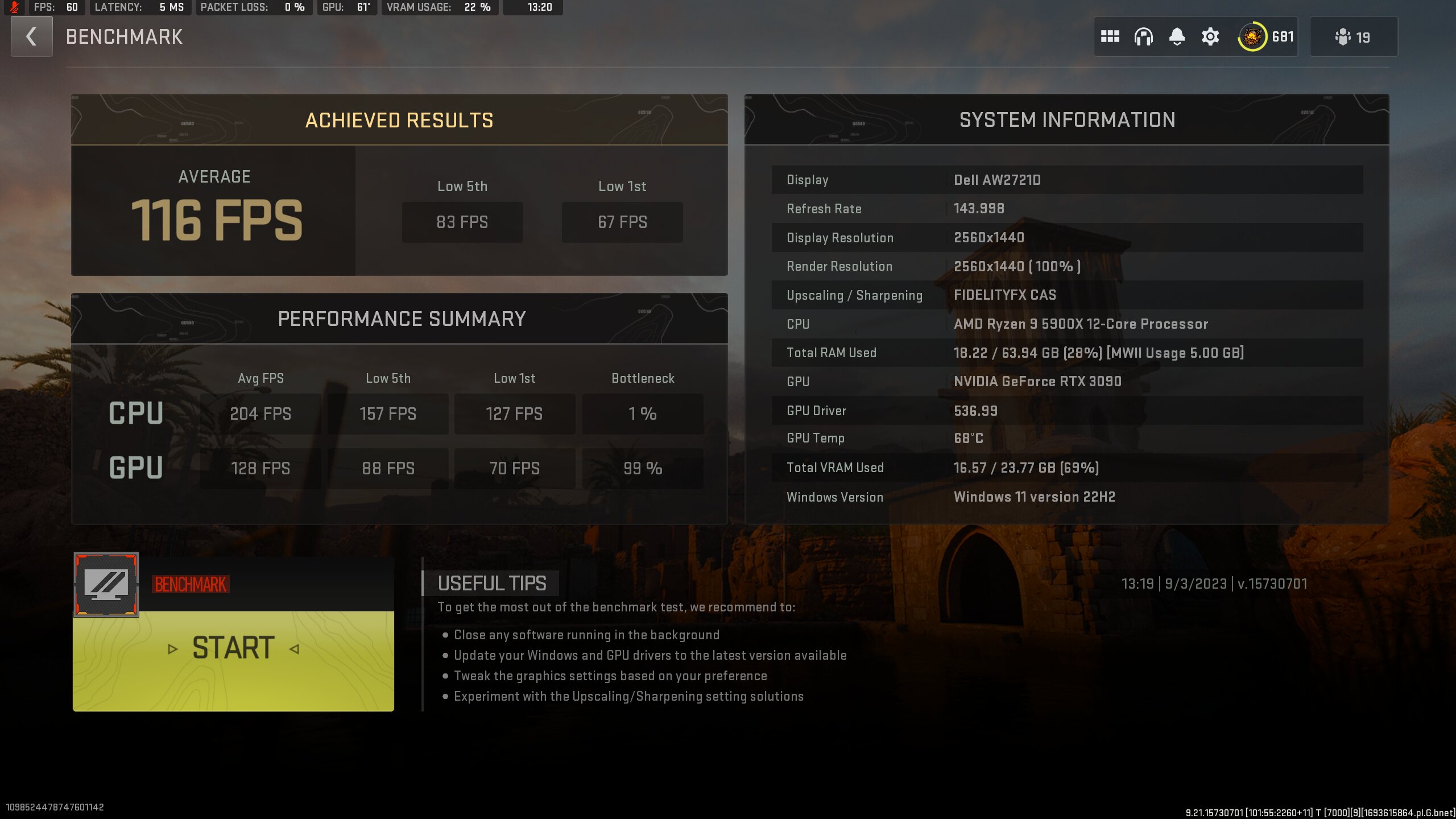 benchmark RTX 3090 sur Call of Duty Modern Warfare 2 (2022) Screenshot 2023.09.03