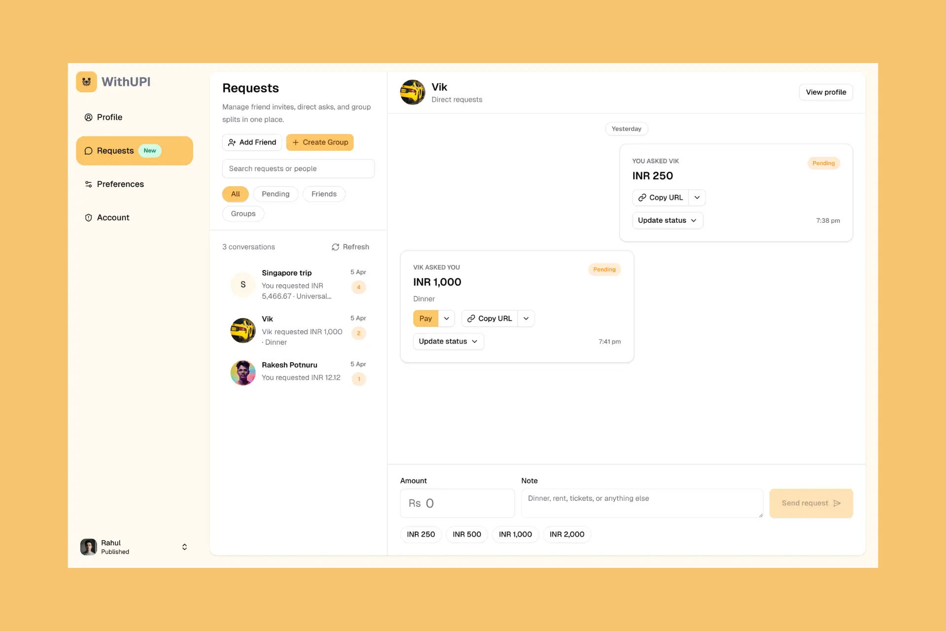 WithUPI Requests workspace showing direct and group payment requests