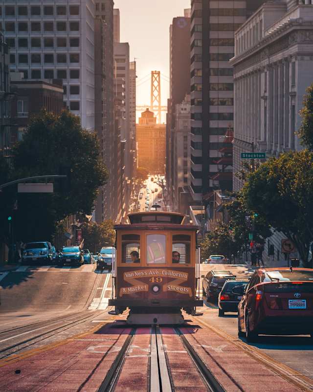 Tram on the hilly streets of San Francisco, California
