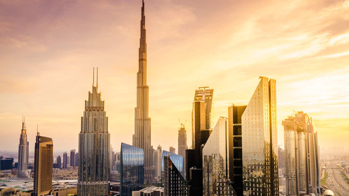 Skyscrapers in Downtown Dubai at sunset, Dubai, UAE