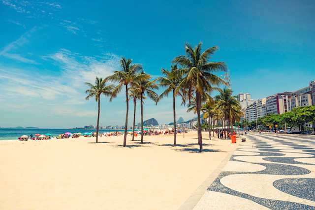 Palm trees on the sandy Copacabana Beach in summer, Rio de Janeiro, Brazil