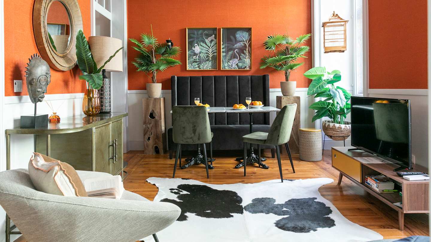 Living room with orange walls