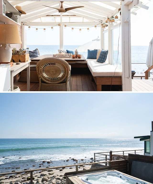 Living area and terrace with hot tub, both overlooking the sea, in Plum Guide home, California Dreamin'