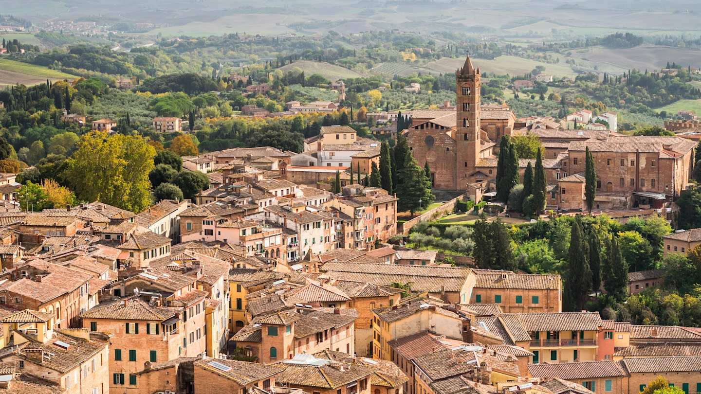 Ariel view of Siena's medieval buildings, Tuscany, Italy