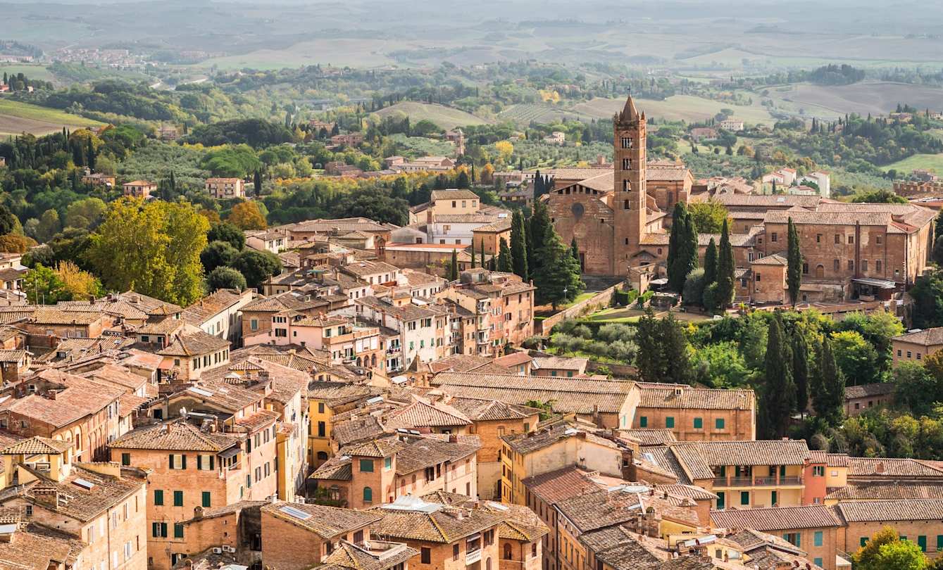 Ariel view of Siena's medieval buildings, Tuscany, Italy