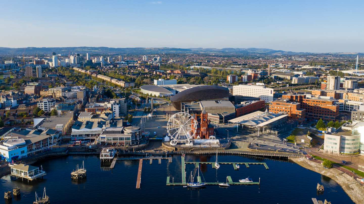 Aerial view of Cardiff Bay on a clear sky summer day, Cardiff, Wales
