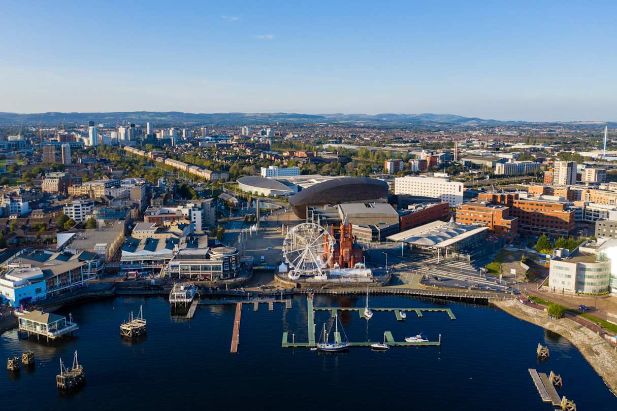Aerial view of Cardiff Bay on a clear sky summer day, Cardiff, Wales