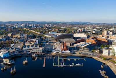 Aerial view of Cardiff Bay on a clear sky summer day, Cardiff, Wales