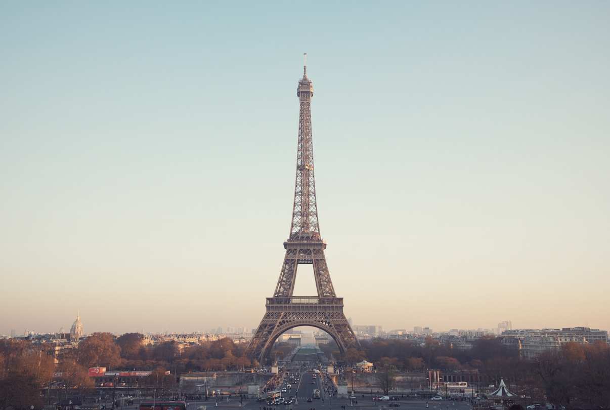 Eiffel Tower under hazy blue sky, Paris