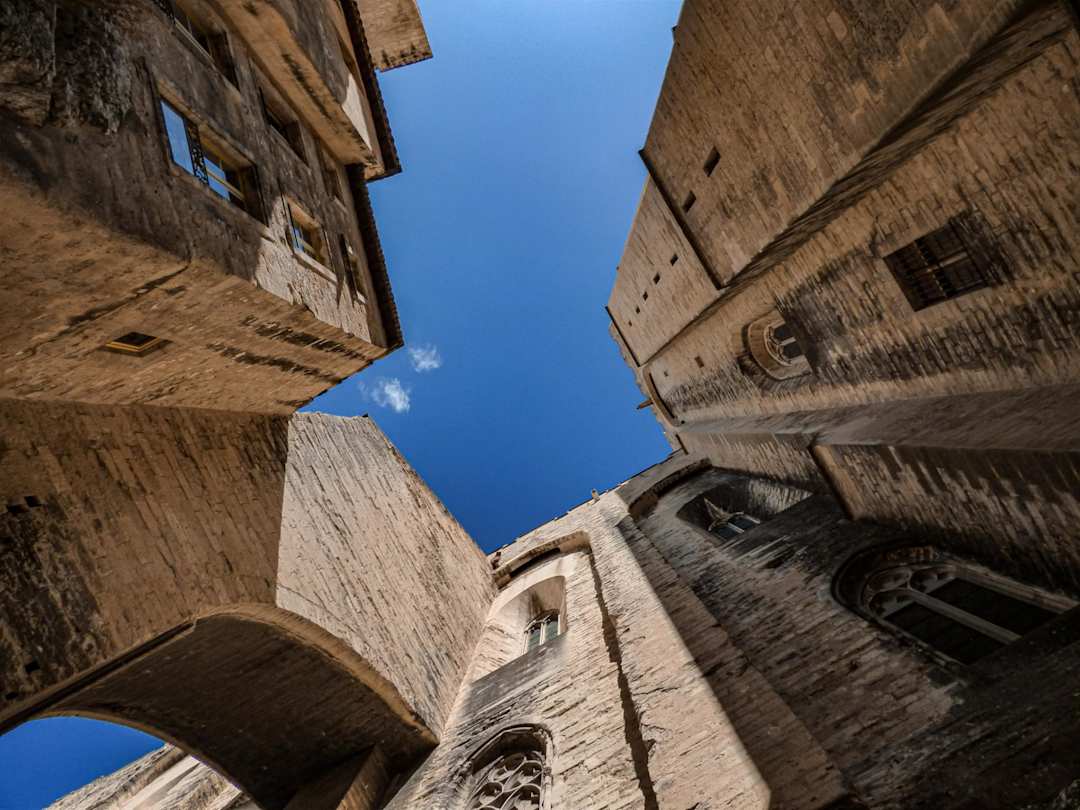 A low-angle view of a tall brown building in Avignon, France on a sunny day