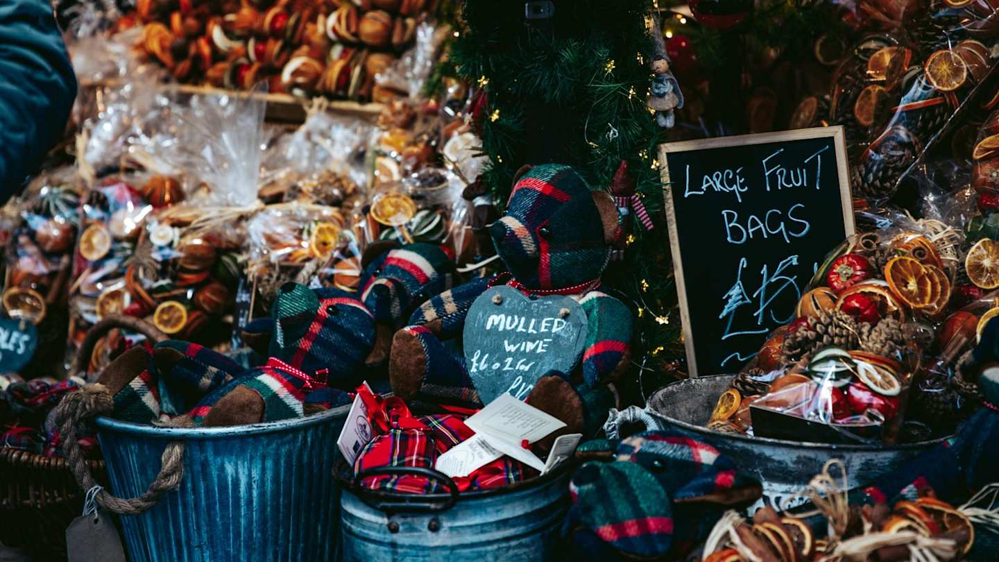 Ornaments for sale at an Edinburgh Christmas Market, Scotland, UK