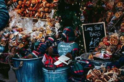 Ornaments for sale at an Edinburgh Christmas Market, Scotland, UK