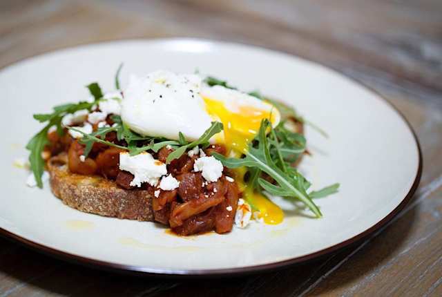 Breakfast dish with toast and eggs