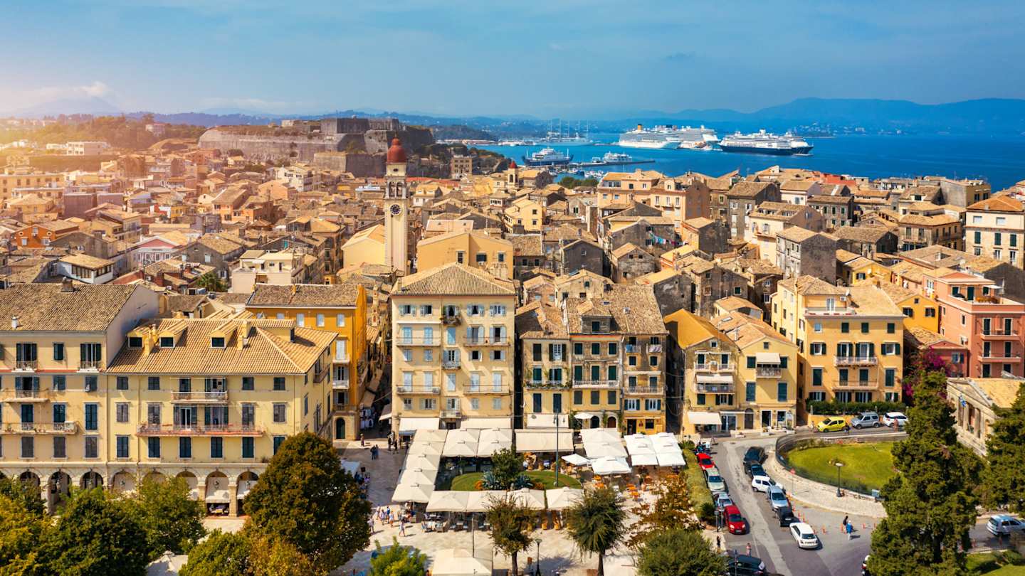 Panoramic view of Kerkyra (Old Town) and the buildings on a summer day, the capital of Corfu island, Greece