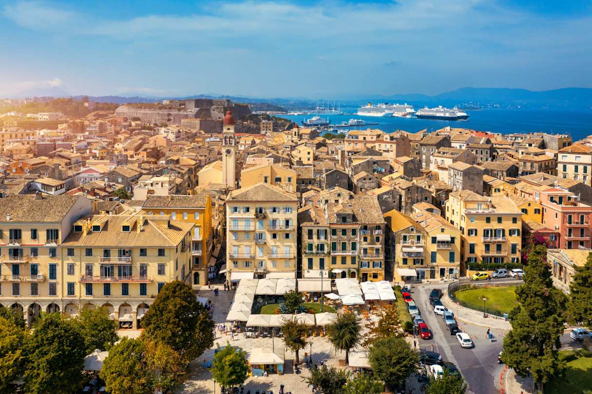 Panoramic view of Kerkyra (Old Town) and the buildings on a summer day, the capital of Corfu island, Greece