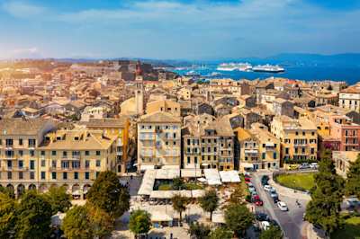 Panoramic view of Kerkyra (Old Town) and the buildings on a summer day, the capital of Corfu island, Greece