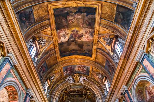 Ornate ceilings and frescoes of the nave in Santa Maria dei Miracoli Church, Venice, Italy