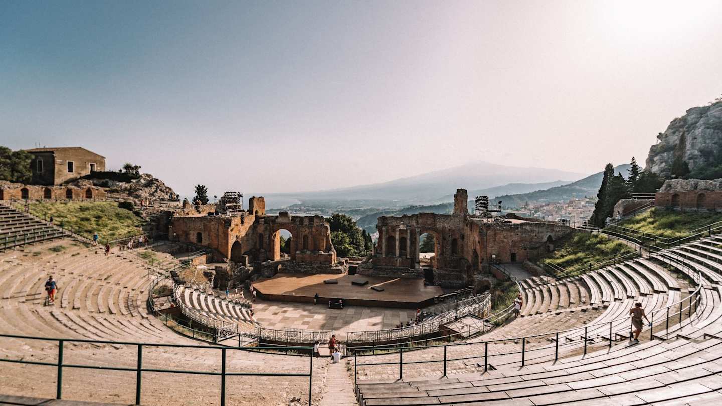 View of the sea and mountains from the the amphitheatre in Taormina, Sicily