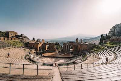 View of the sea and mountains from the the amphitheatre in Taormina, Sicily