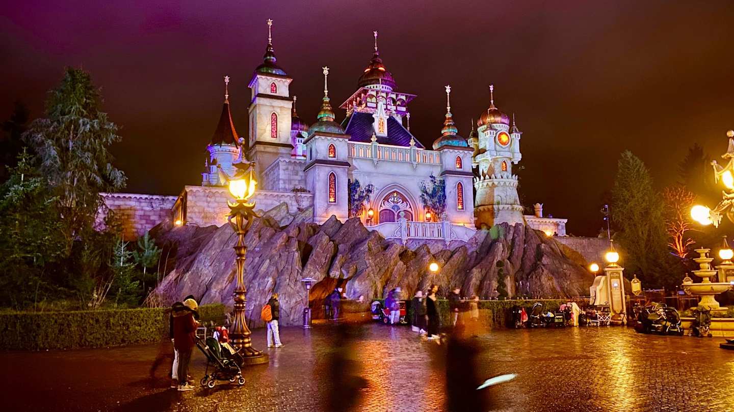 A white castle at the Efteling Amusement Park at night, Netherlands