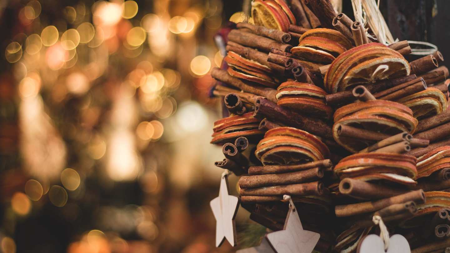 Decoration made from dried oranges hanging at a Christmas market in Edinburgh, UK