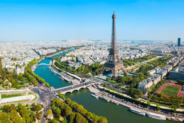 An aerial view of the Eiffel Tower next to the River Seine, Paris, France