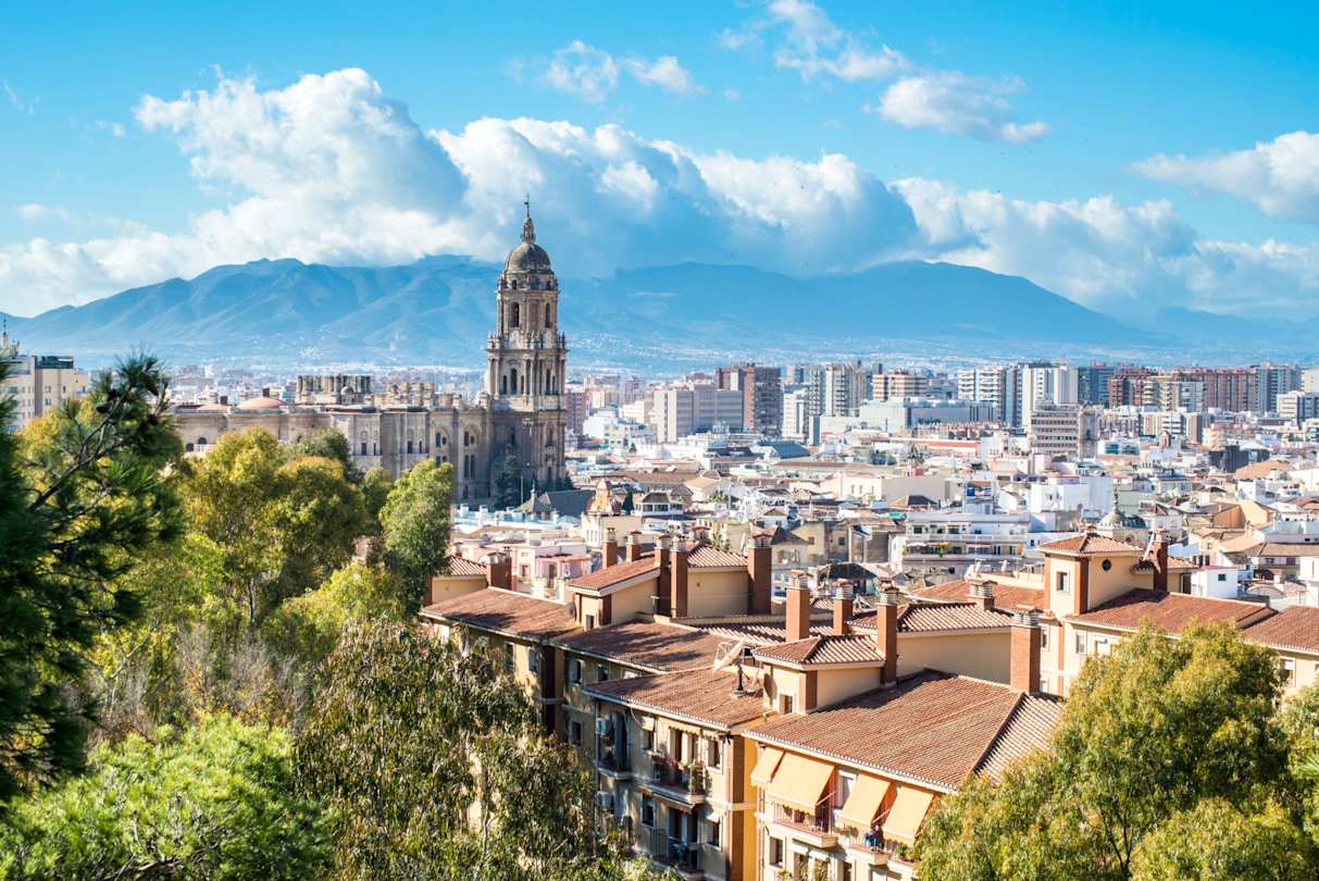 View of the Cathedral of Malaga with mountains in the distance, Málaga