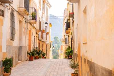Cobbled street adorned with plants with mountains in the distance, Alicante