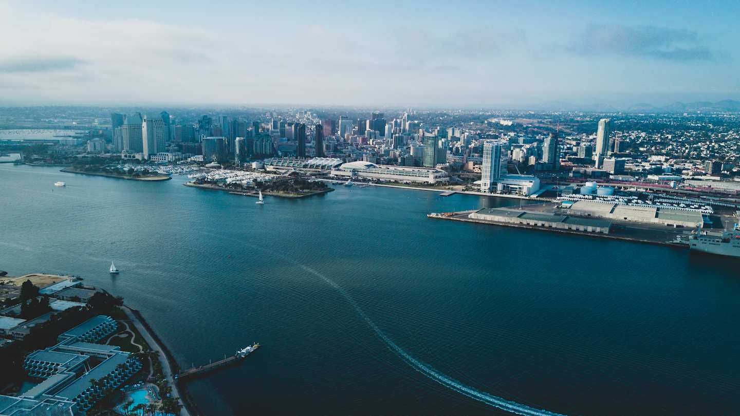 A wide-angled shot of the San Diego Bay and California, USA