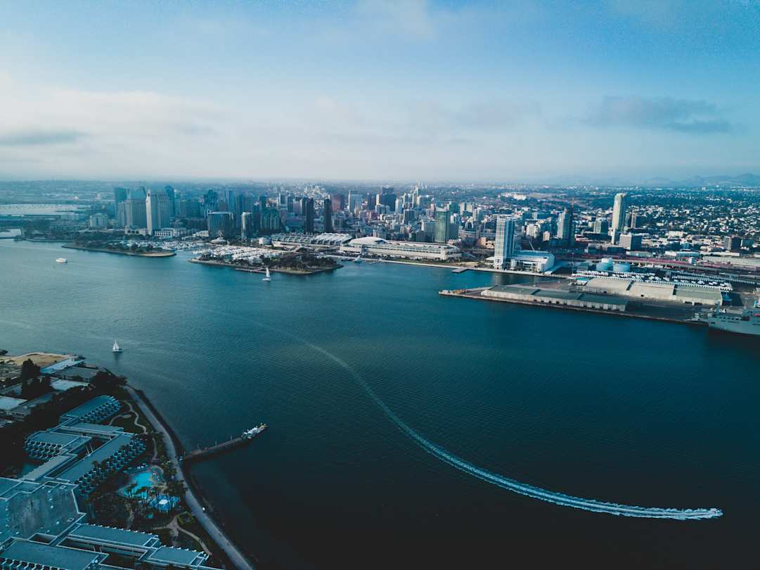 A wide-angled shot of the San Diego Bay and California, USA