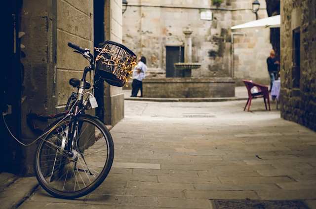 Black bicycle beside wooden door