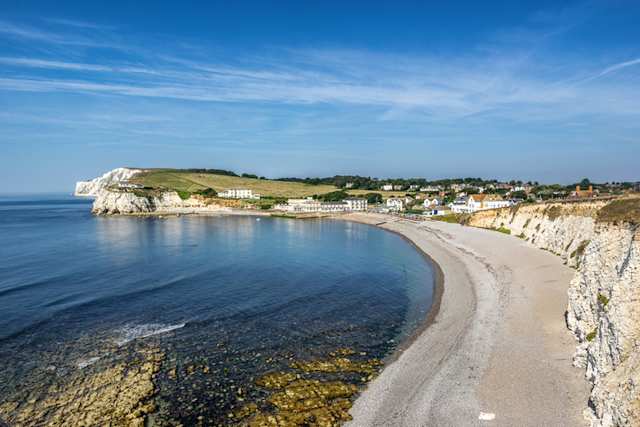 A view of cliffs and a beach, Freshwater Bay, Isle of Wight, England, UK