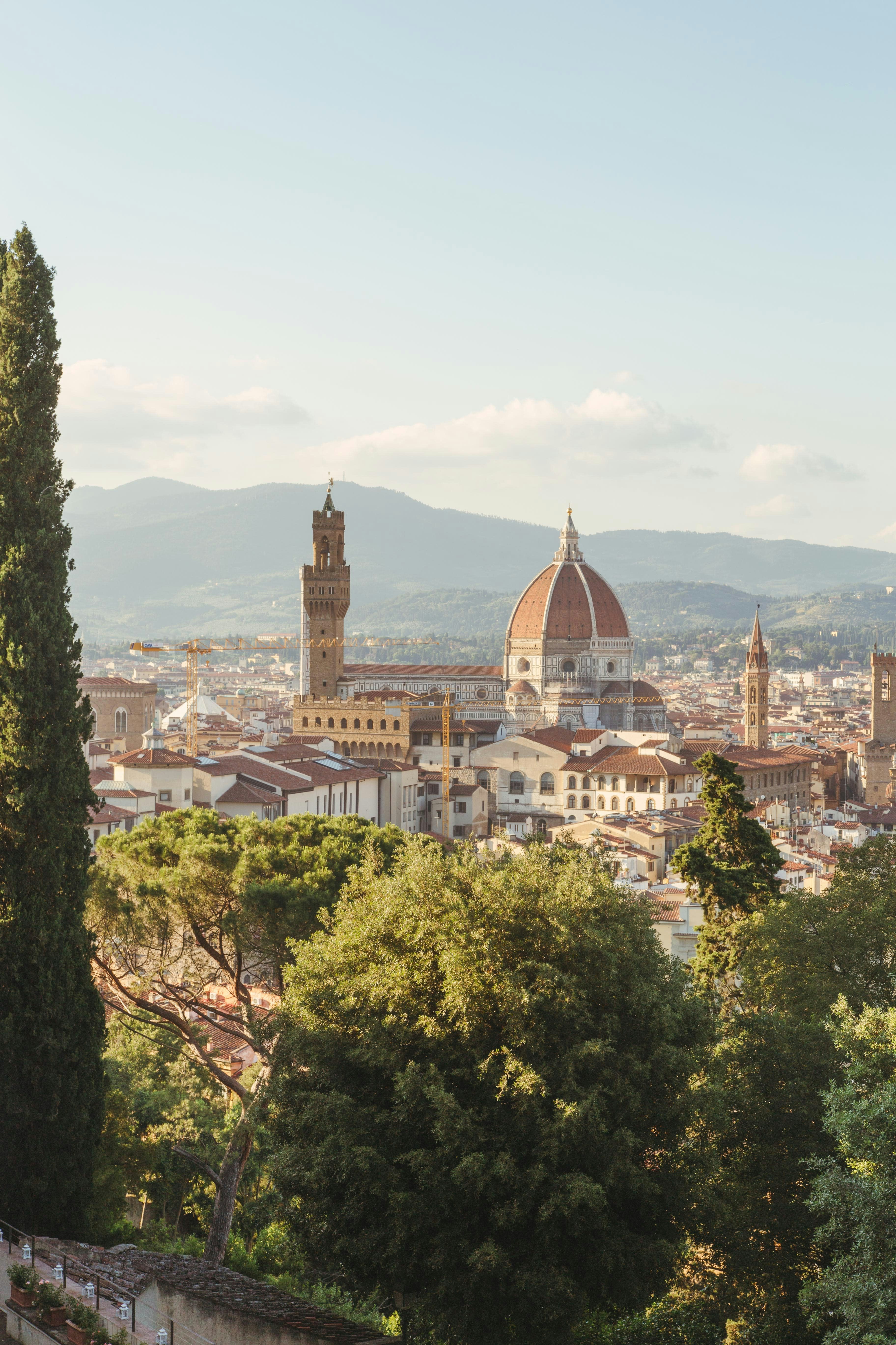 Aerial view of Florence skyline with the prominent Duomo and other historical buildings, surrounded by lush trees under a clear sky