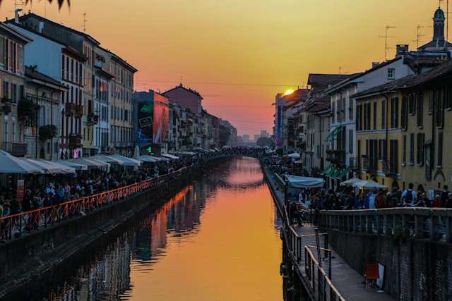 The Naviglio Grande canal at sunset, Milan, Italy