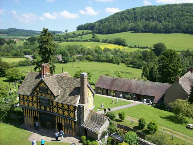Stokesay Castle among swathes of green fields and trees, Shropshire, uk