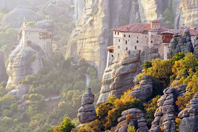 A building at the top of tall rocks at the Metéora Monasteries, Greece