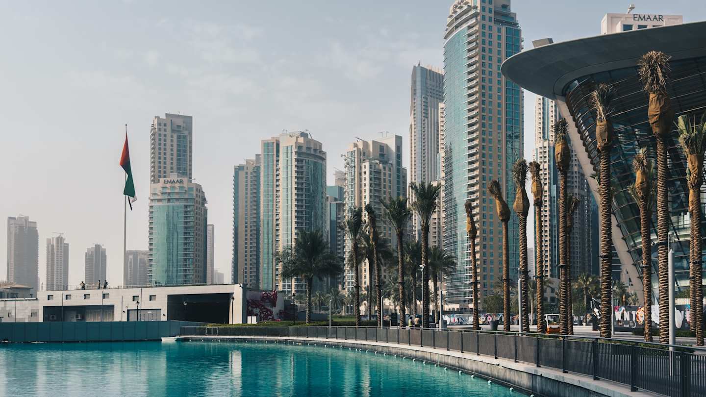 Pool of water with skyline views in the background, Downtown Dubai