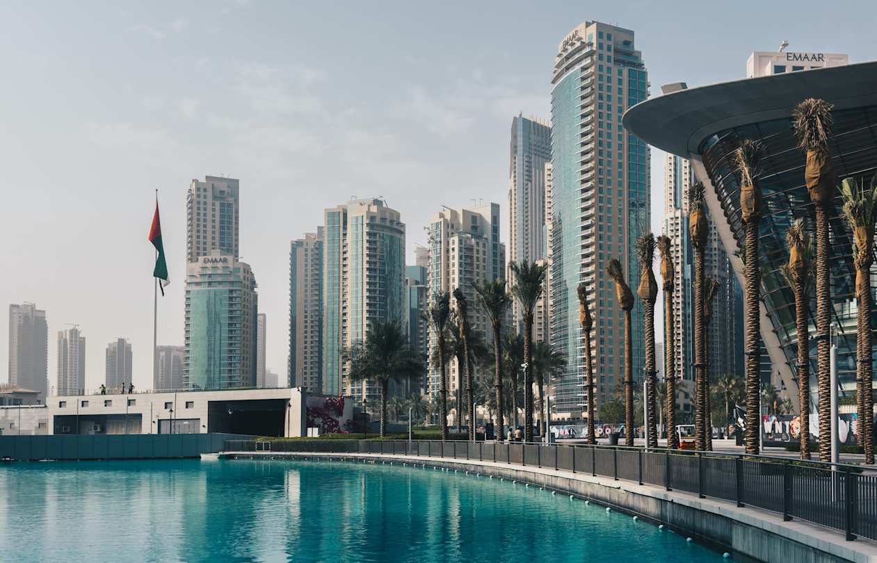 Pool of water with skyline views in the background, Downtown Dubai