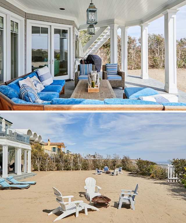 Outdoor seating area and private beach area with loungers in Plum Guide home, Beauty and the Beach