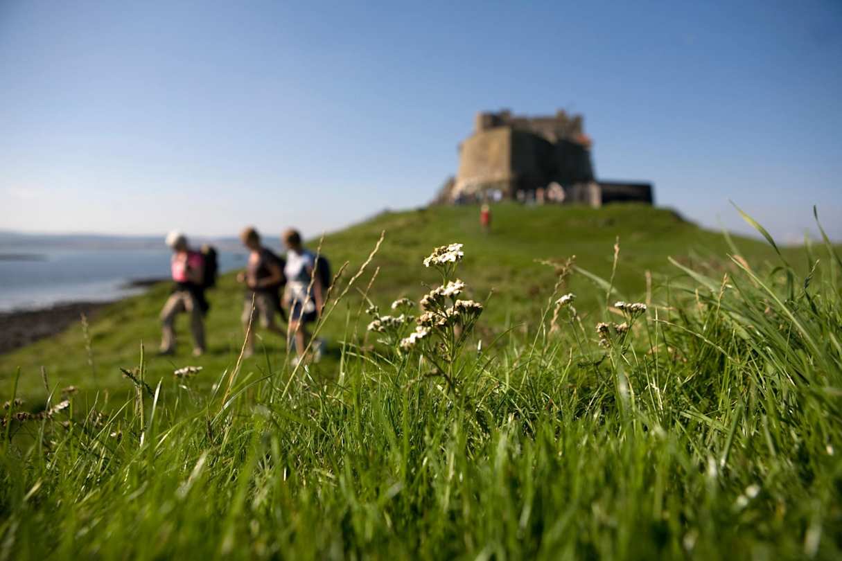 People walking on a hill by a castle on a sunny day in Northumberland, England, UK