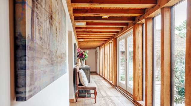 Traditional oak framing inside Dragonfly Manor
